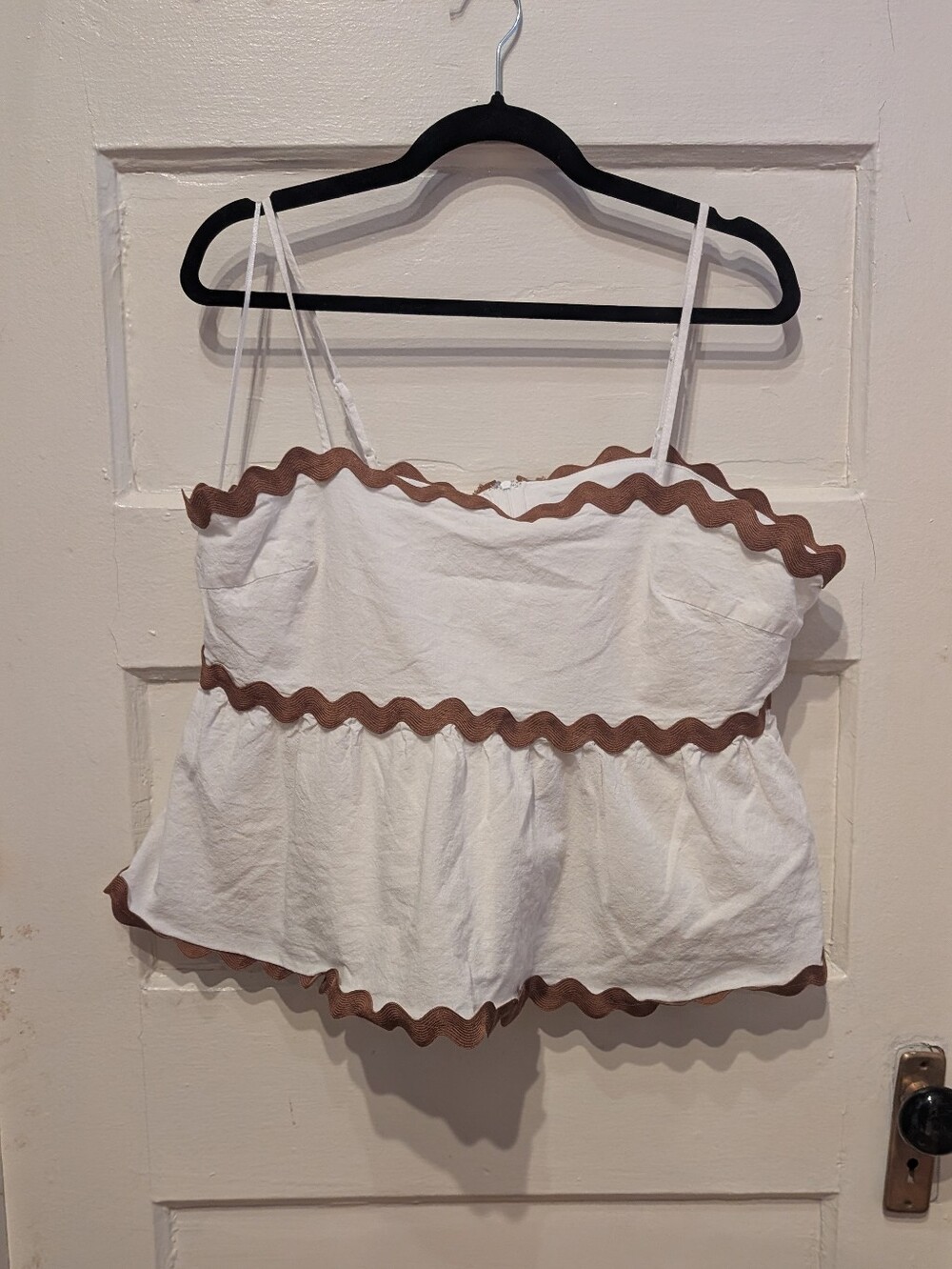 Petal & Pup White Spaghetti Strap Tank with Brown Rickrack Trim
